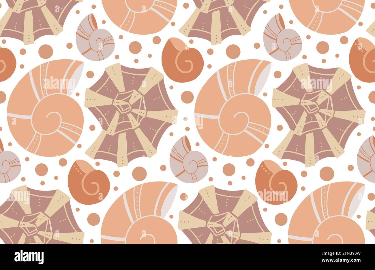 Seamless pattern with cartoon seashells with doodle ornament in beige tone. Flat texture with ocean inhabitants with boho ornaments and dots. Vector w Stock Vector