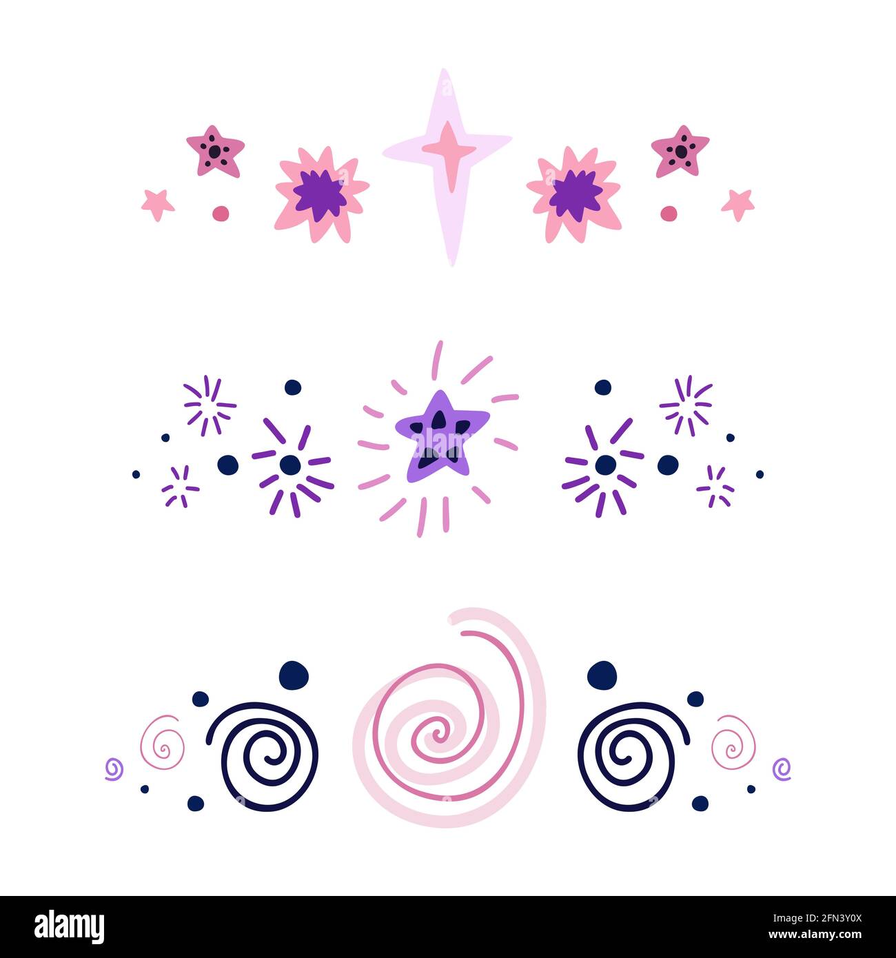 Set of spacers with stars, dots and spiral. Vector space design elements. Hand drawn flat baby cosmos text delimiters for articles, invitations and ca Stock Vector