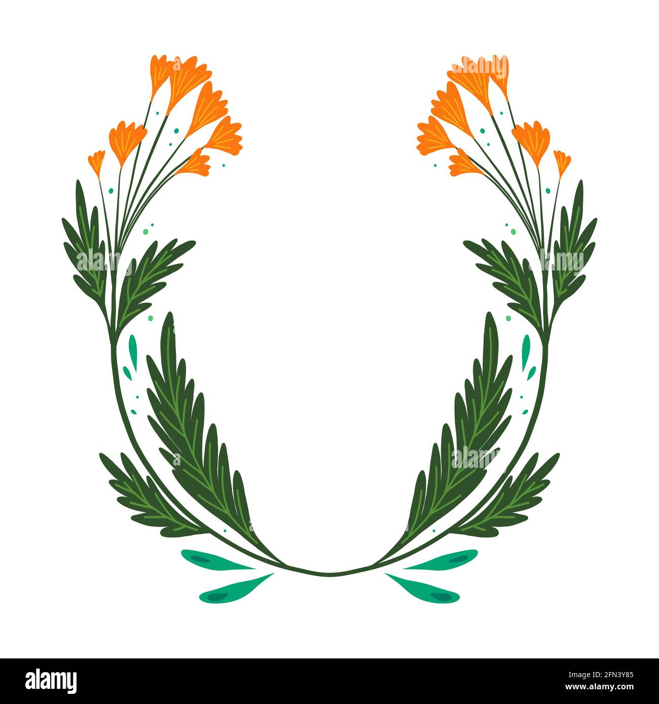 Frame with natural herbs and flowers of the fields. Wreath with buttercups and foliage. Branches of plants. Stems and petals. Vector template for invi Stock Vector