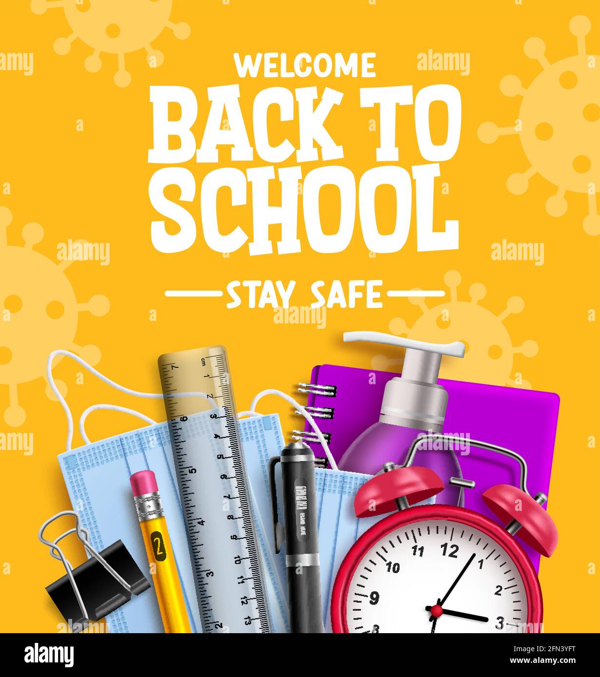 Back to school campaign vector design. Welcome back to school stay safe text with 3d education supplies for educational new normal prevention. Vector Stock Vector