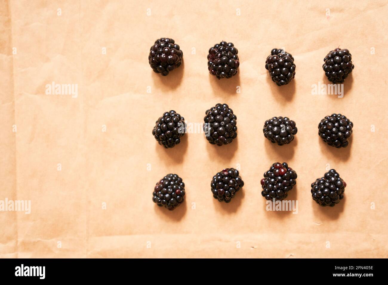 Twelve blackberries on a beige craft paper background. Berries laid out in the form of a rectangle. Horizontal card with copy space. Healthy, delicious, natural vegetarian background. Stock Photo