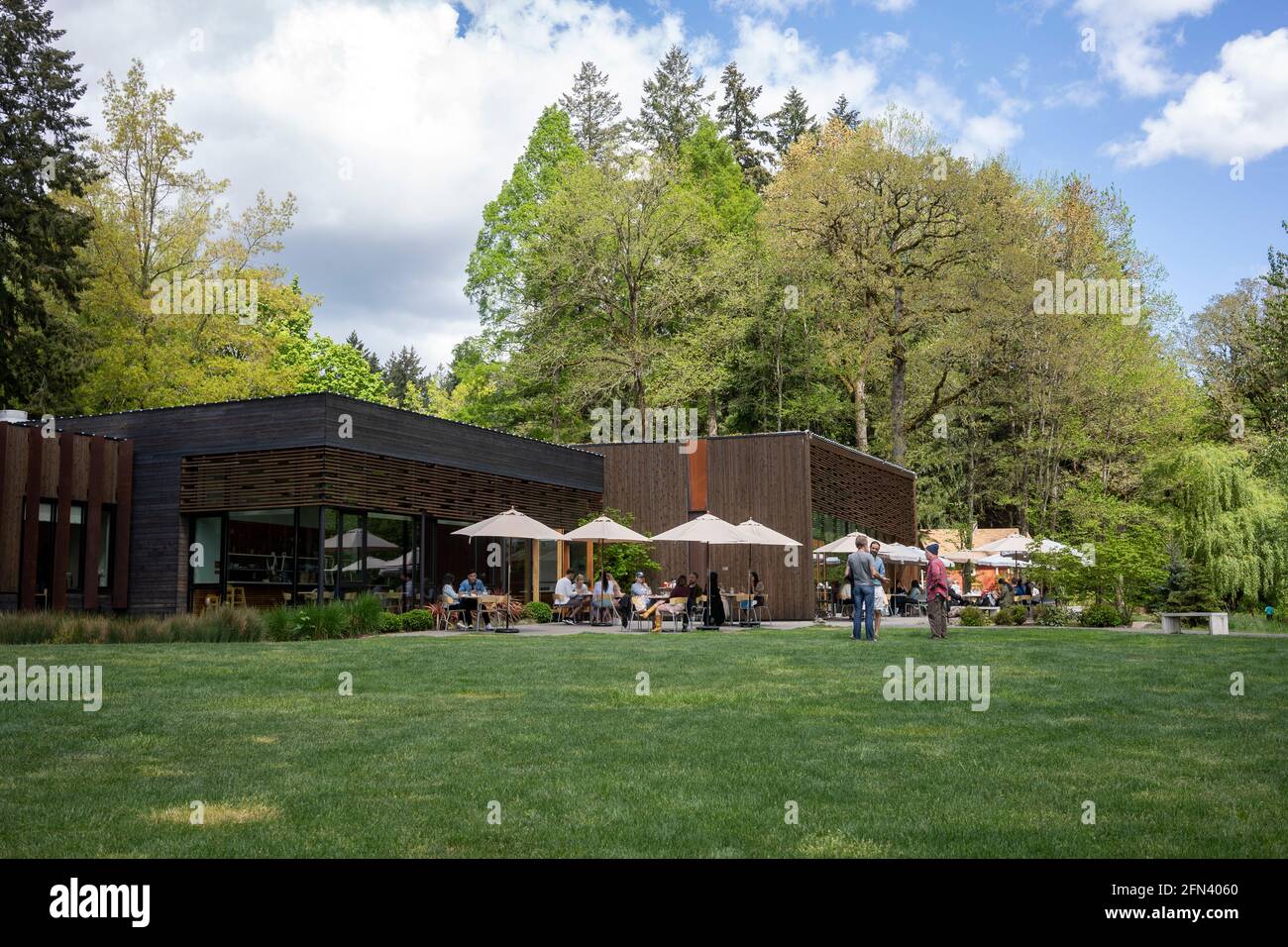 Outdoor brunch at Broder Söder, a Scandinavian restaurant at the Nordic Northwest in Portland, Ore., on Sunday, May 2, 2021, during a pandemic spring. Stock Photo
