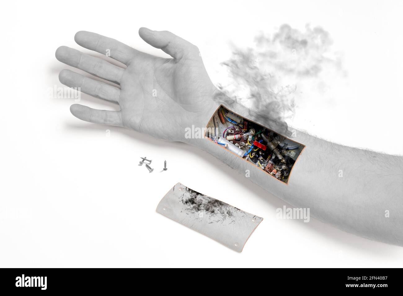Robot hand inside human hand - Prosthesis concept, short cirquit, isolated on white Stock Photo