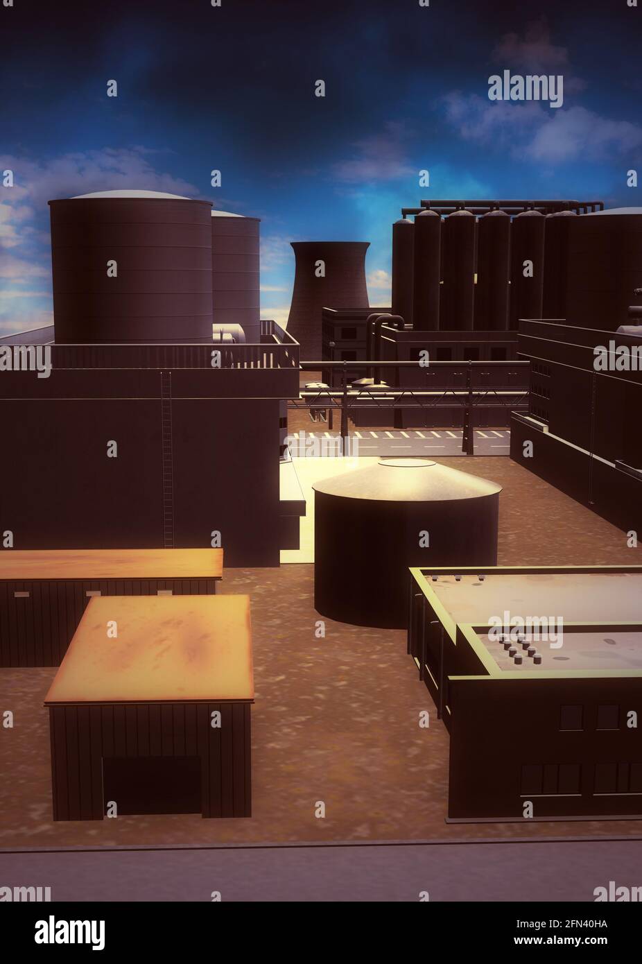 Digitally rendered 3D industrial zone buildings and dramatic sky