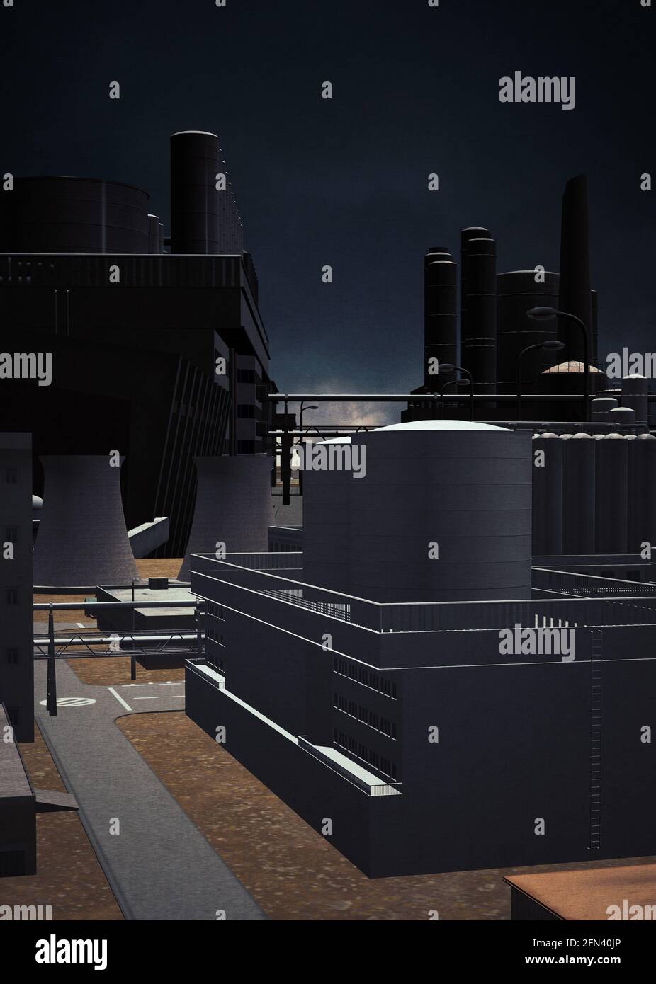 Digitally rendered 3D industrial zone buildings and dramatic sky