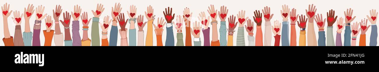 Large Group of diverse people with heart in hand. Arms and hands raised. Charity donation and volunteer work. People diversity. Support and assistance Stock Vector