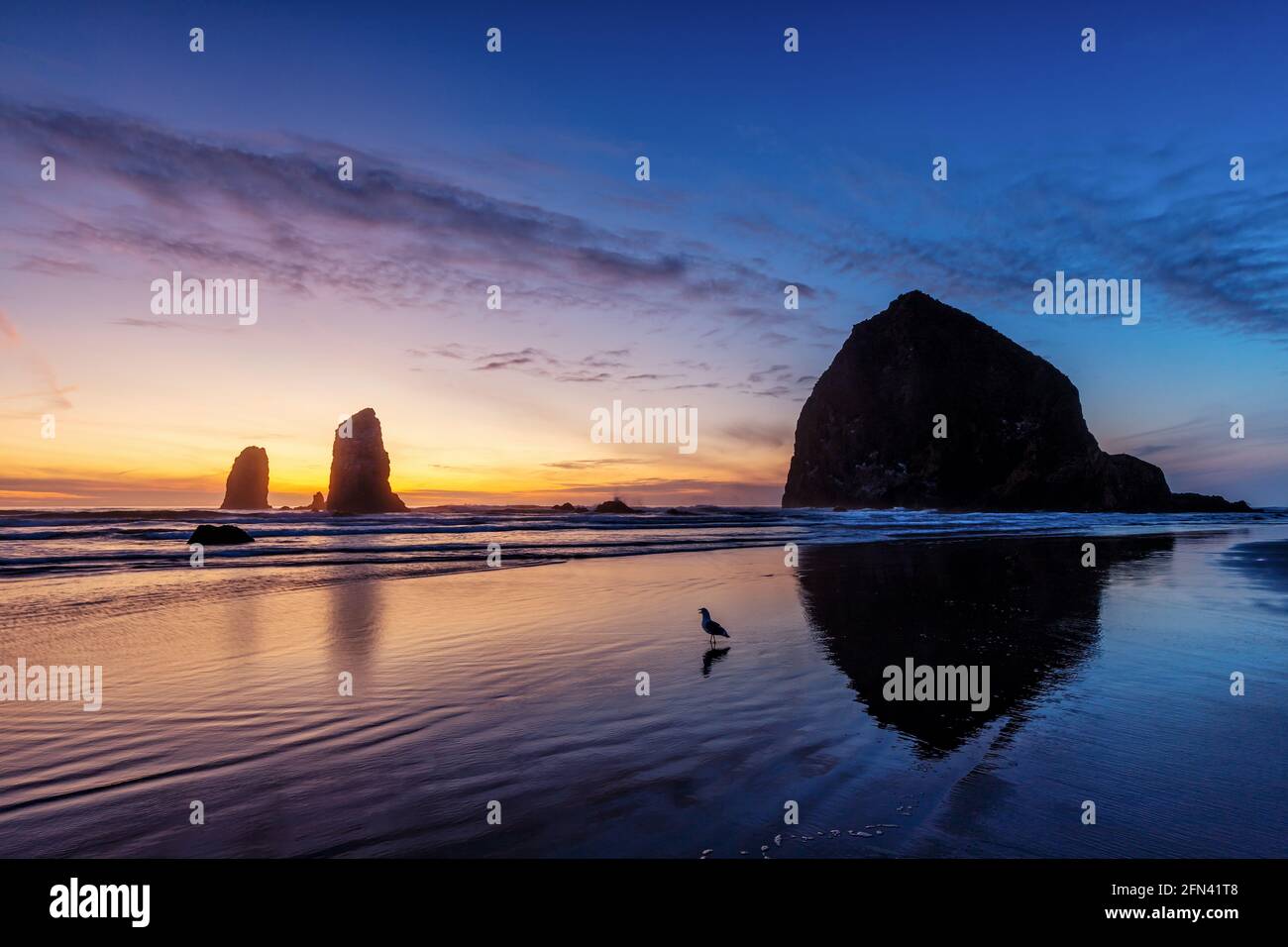 Haystack Rock after sunset, Cannon Beach, Oregon Stock Photo
