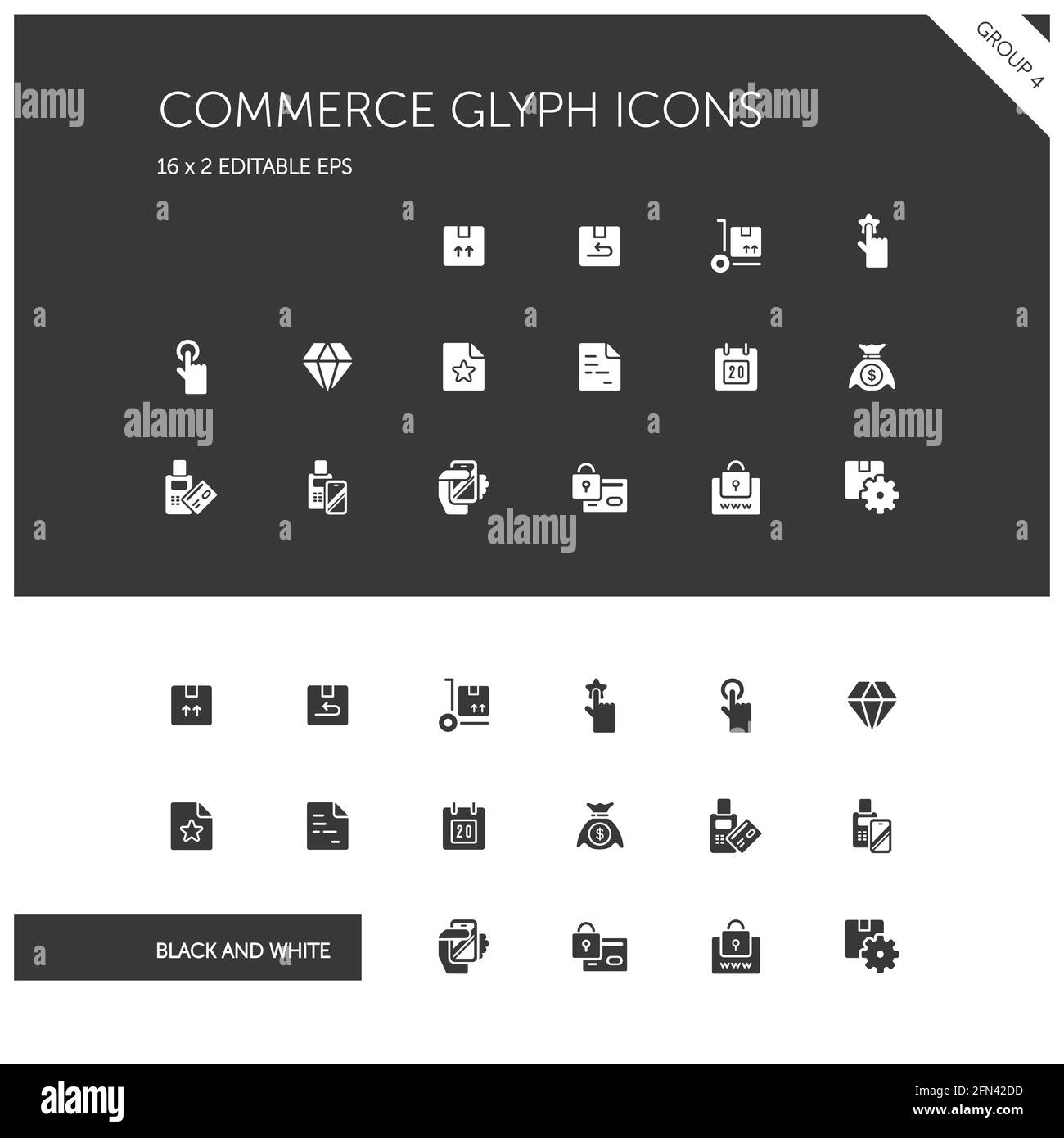 Commerce. Box, diamond, hand, swiping machine, security, money and calendar group. Isolated icon set on black and white background. Glyph style vector Stock Vector