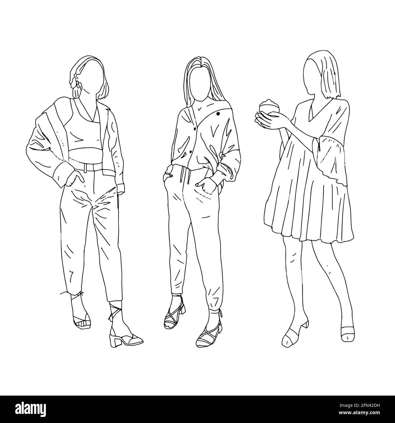 Three girls in different styles of clothing. Linear style. Vector illustration. Stock Vector