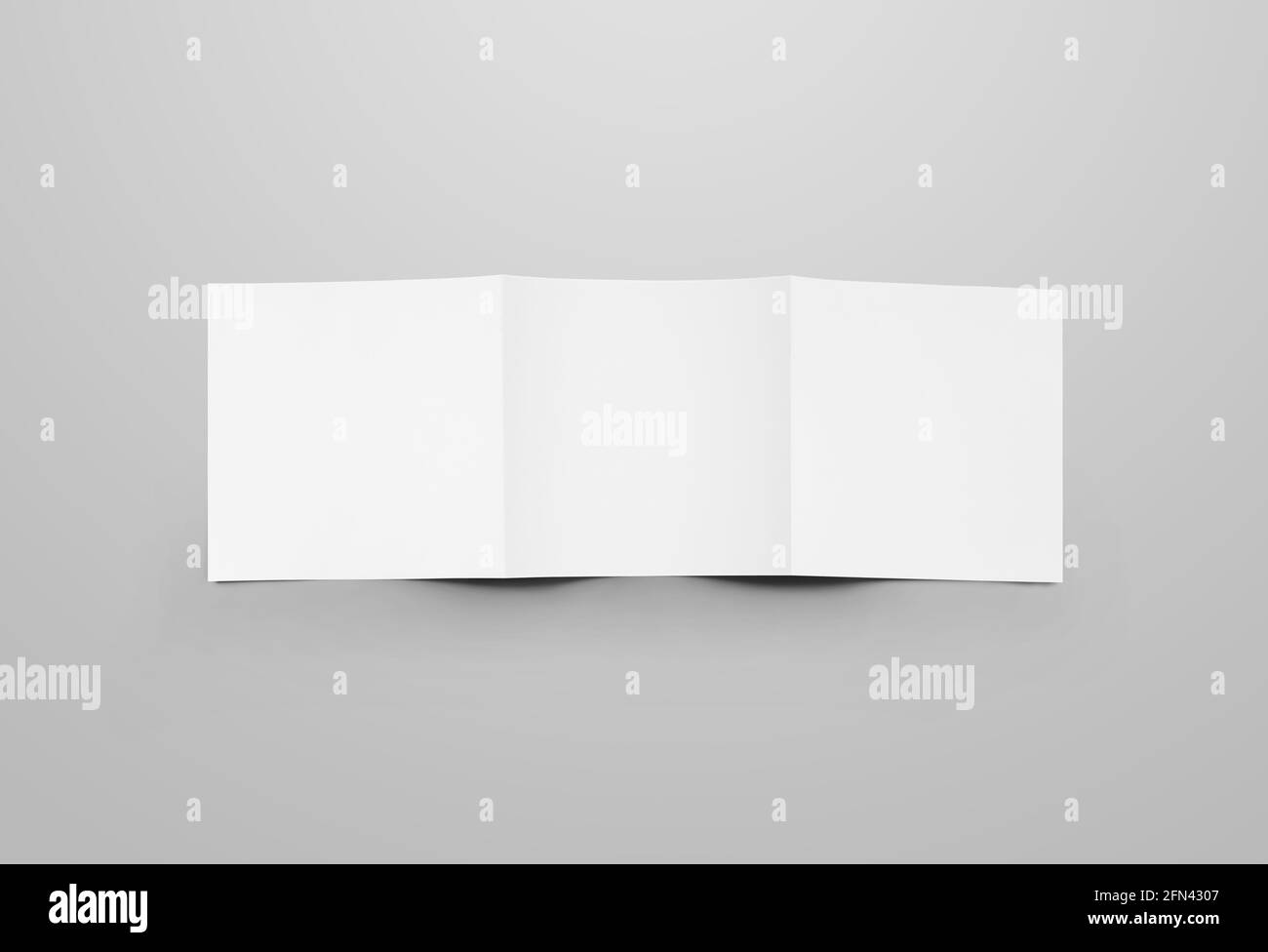 Square white trifold blank white cover mockup, back view, standard open brochure, for design presentation. Business booklet roll fold template with re Stock Photo