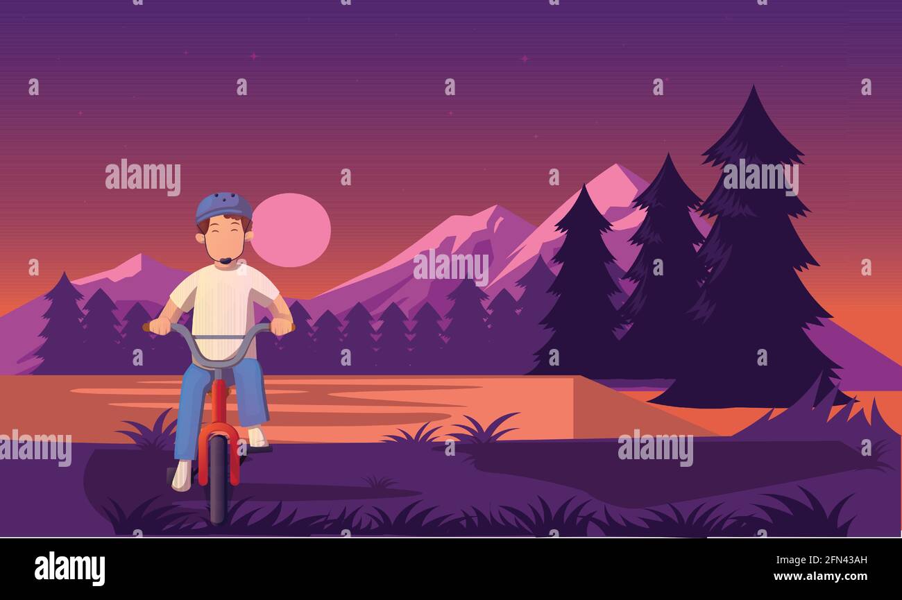 a boy riding bicycle in the evening near river Stock Vector Image & Art ...