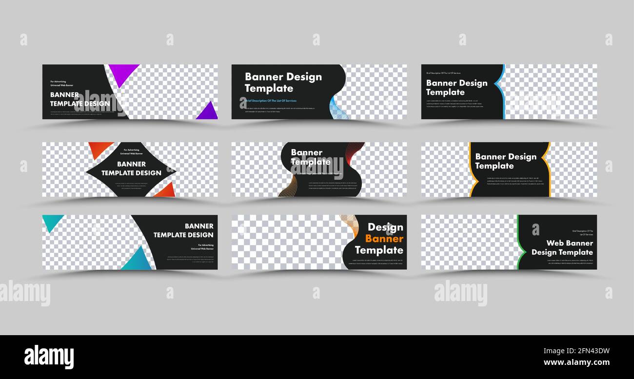 Design of horizontal black vector web banners with colored triangles and lines and place for photo. Set of templates for our advertising business. Stock Vector