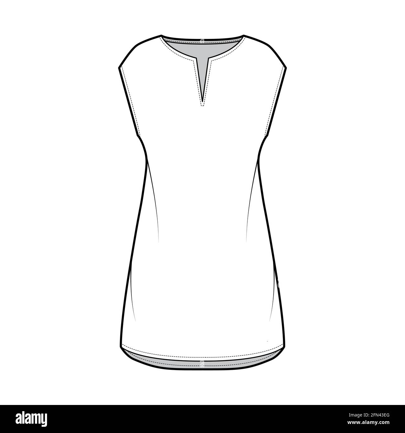 Dress tunic technical fashion illustration with sleeveless, oversized body, mini length skirt, slashed neck. Flat apparel front, white color style. Women, men unisex CAD mockup Stock Vector