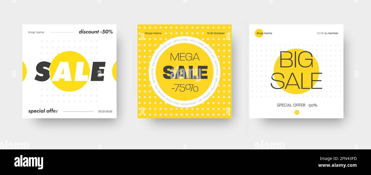 Set of vector square web banners for big sale with round yellow and white elements. Templates for social networks. Stock Vector