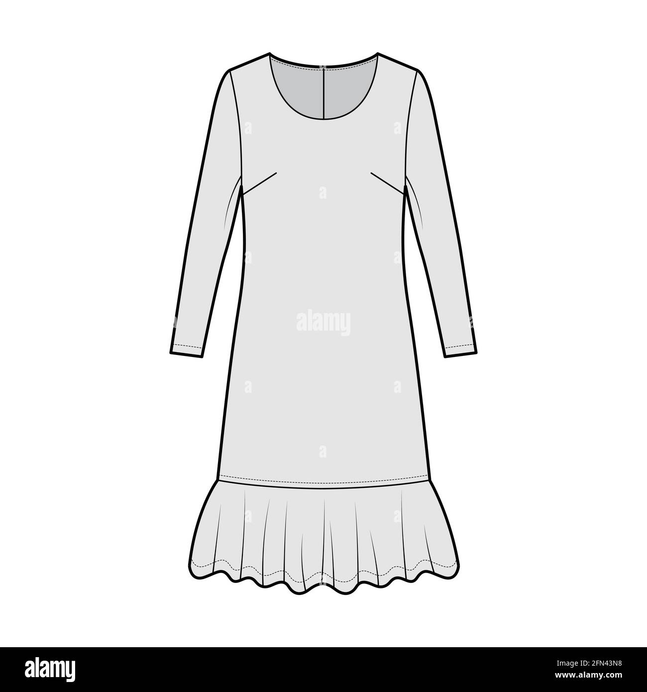 Dress dropped waist technical fashion illustration with long sleeves,  oversized body, knee length skirt, round neck. Flat apparel front, grey  color style. Women, men unisex CAD mockup Stock Vector Image & Art -