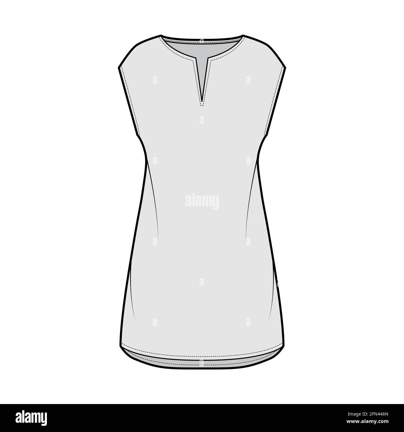 Dress tunic technical fashion illustration with sleeveless, oversized body, mini length skirt, slashed neck. Flat apparel front, grey color style. Women, men unisex CAD mockup Stock Vector