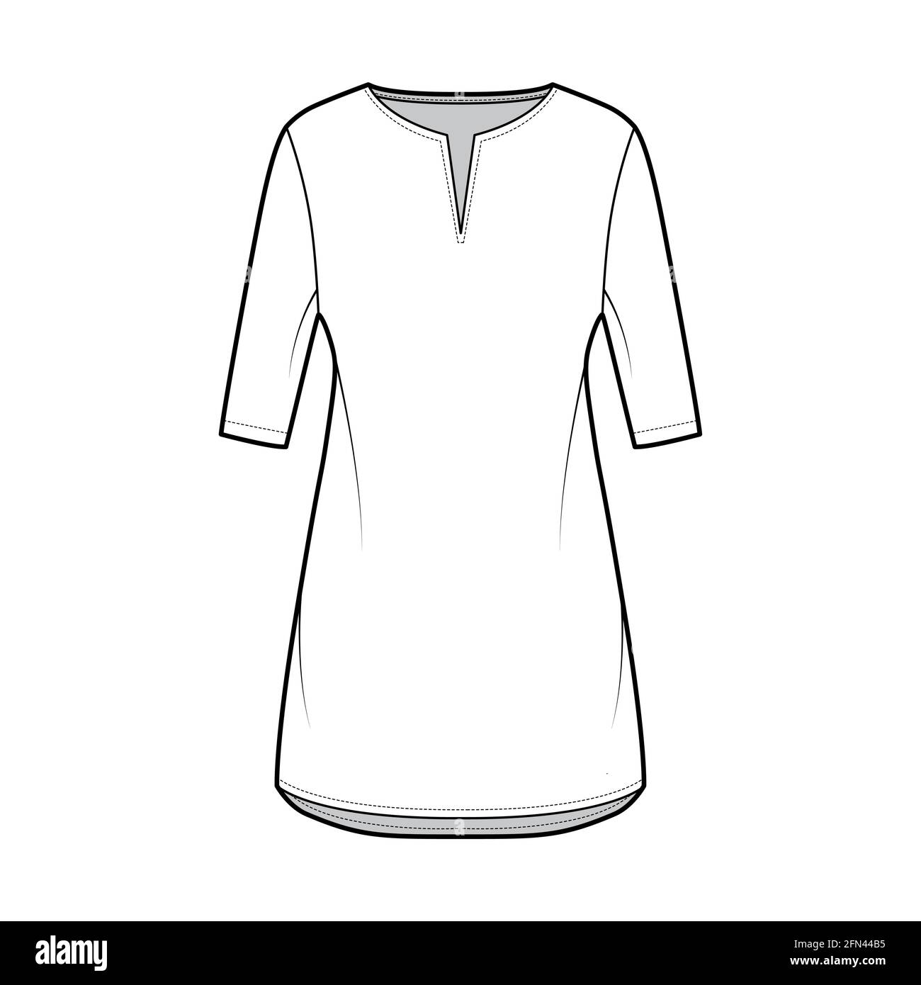 Dress tunic technical fashion illustration with elbow sleeves, oversized body, mini length skirt, slashed neck. Flat apparel front, white color style. Women, men unisex CAD mockup Stock Vector