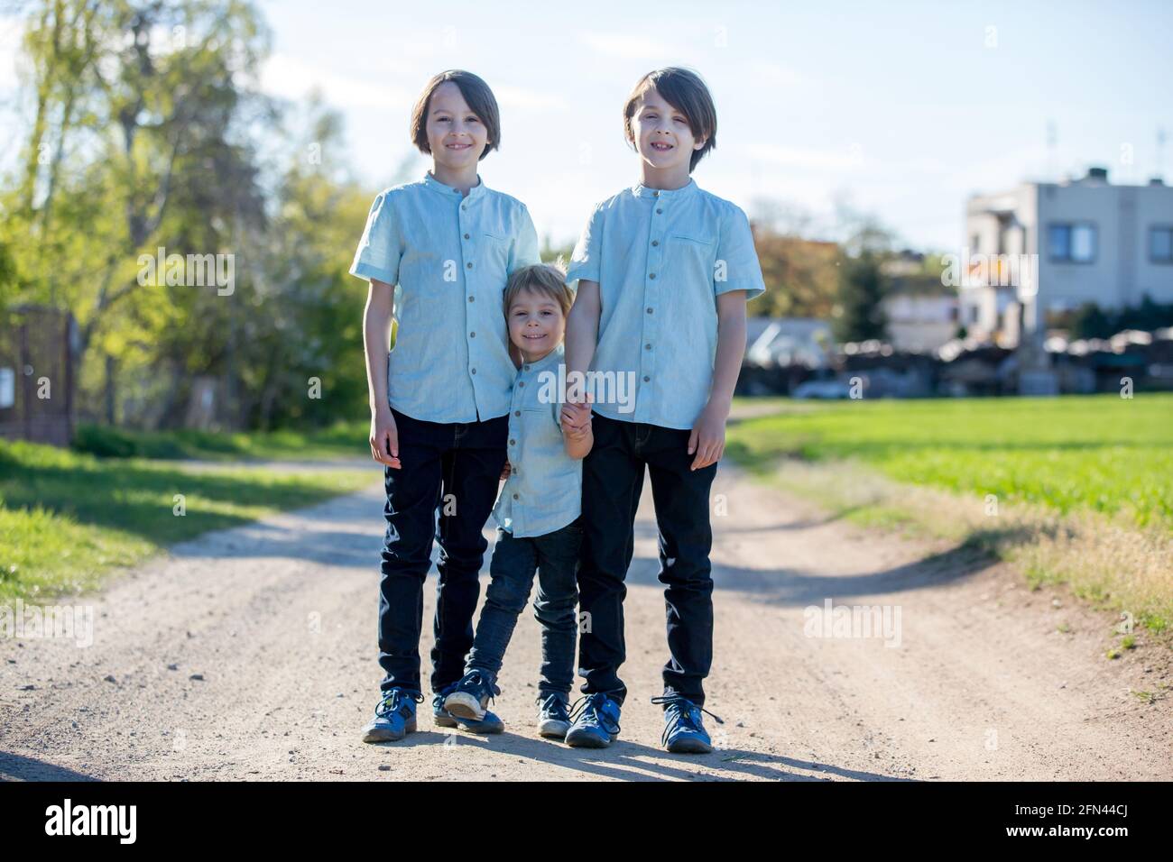 Beautiful family with kids, mom, dad, three boys and a dog, playing in ...
