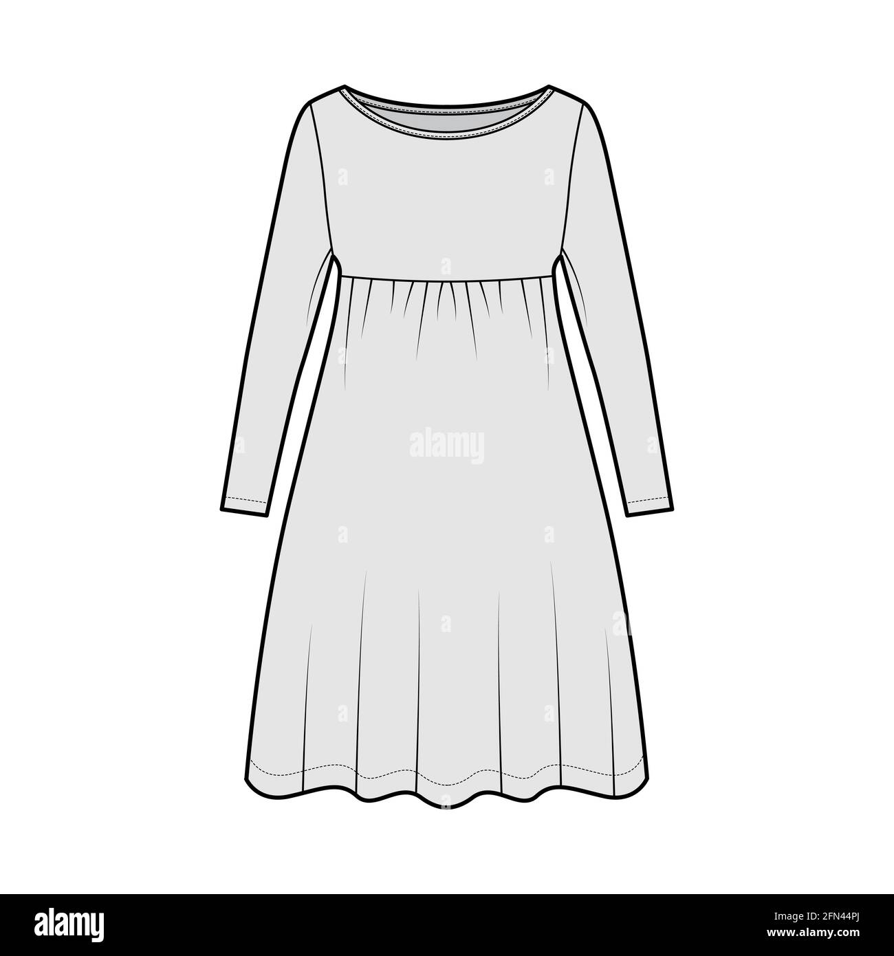 Dress babydoll technical fashion illustration with long sleeves, oversized body, knee length A-line skirt, boat neck. Flat apparel front, grey color style. Women, men unisex CAD mockup Stock Vector