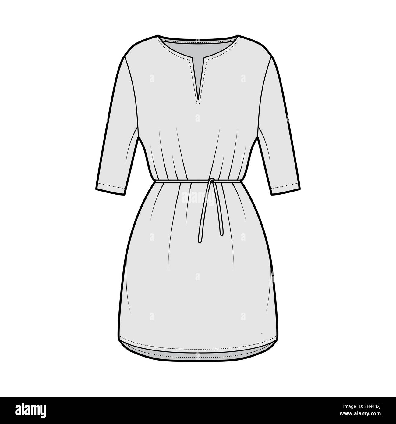 Dress tunic technical fashion illustration with tie, elbow sleeves, oversized body, mini length skirt, slashed neck. Flat apparel front, grey color style. Women, men CAD mockup Stock Vector