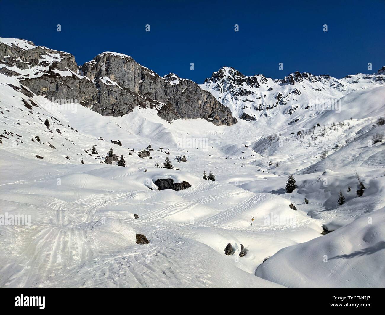 beautiful ski tour in Sankt Antonien. A lot of snow in the raetikon area. Pure winter sport. Adventure in the mountains Stock Photo