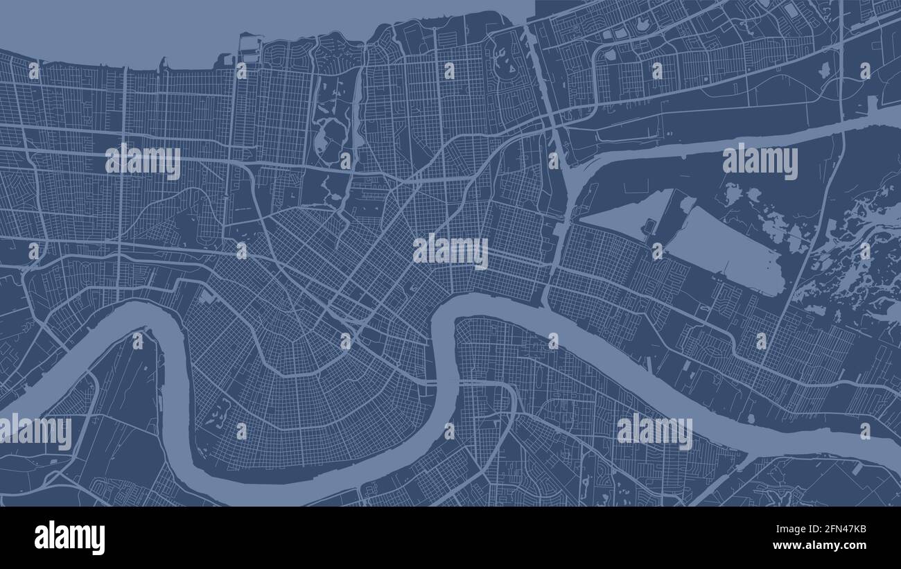 Blue New Orleans city area vector background map, streets and water cartography illustration. Widescreen proportion, digital flat design streetmap. Stock Vector