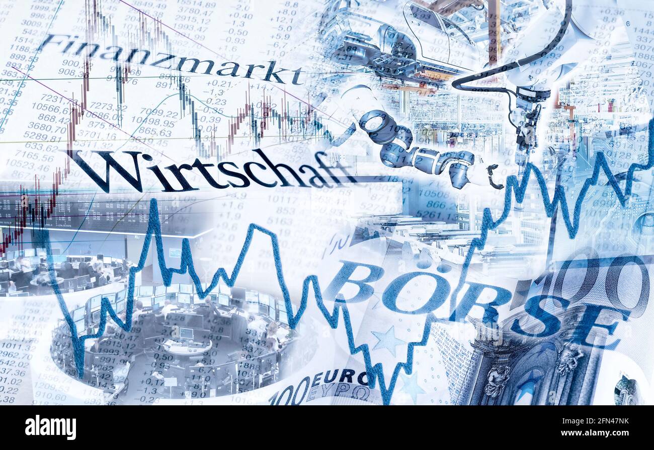Economy and stock exchange with symbols of the financial market and industry Stock Photo
