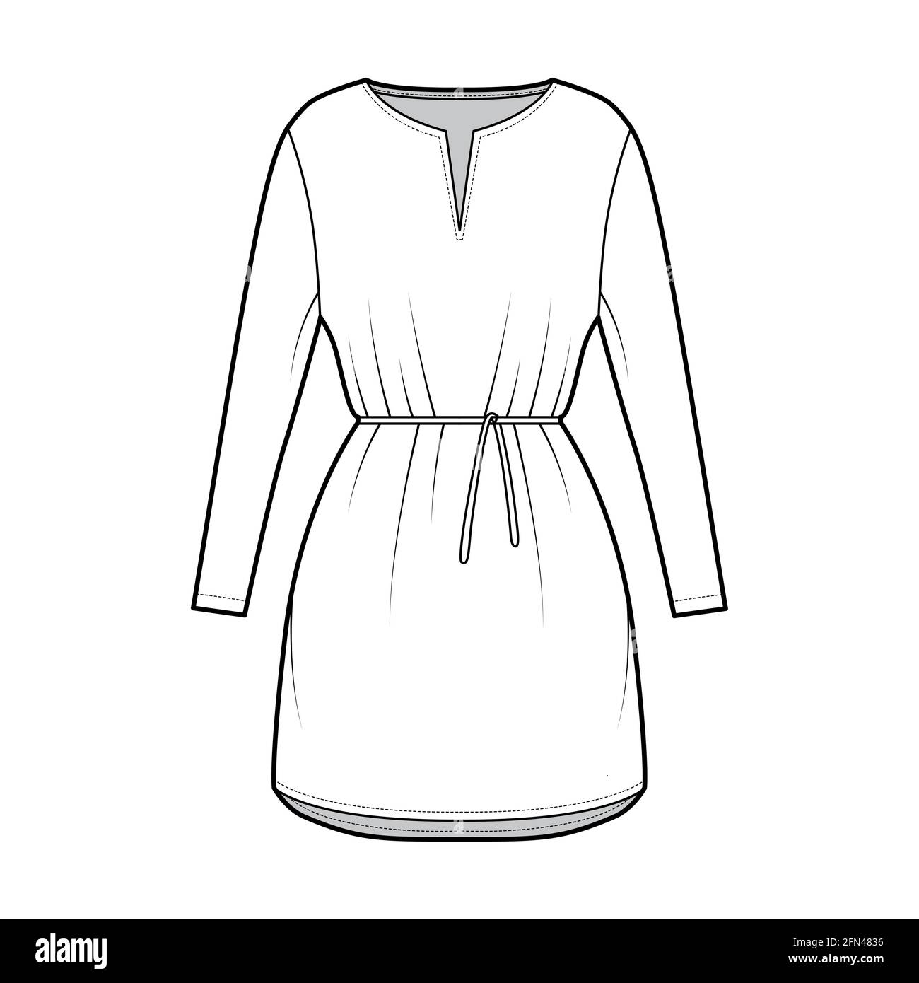 Dress tunic technical fashion illustration with tie, long sleeves, oversized body, mini length skirt, slashed neck. Flat apparel front, white color style. Women, men CAD mockup Stock Vector