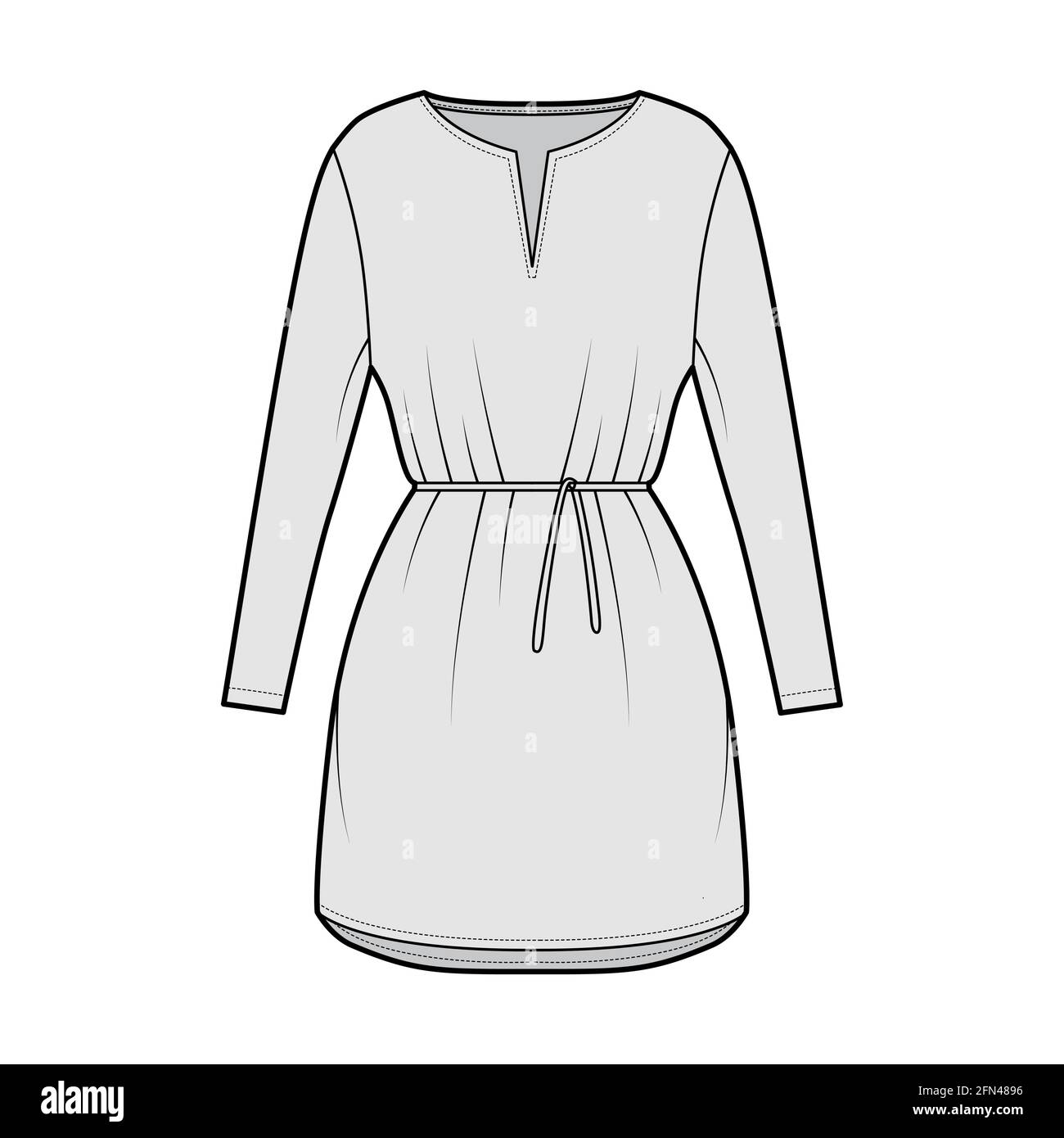 Dress tunic technical fashion illustration with tie, long sleeves, oversized body, mini length skirt, slashed neck. Flat apparel front, grey color style. Women, men CAD mockup Stock Vector