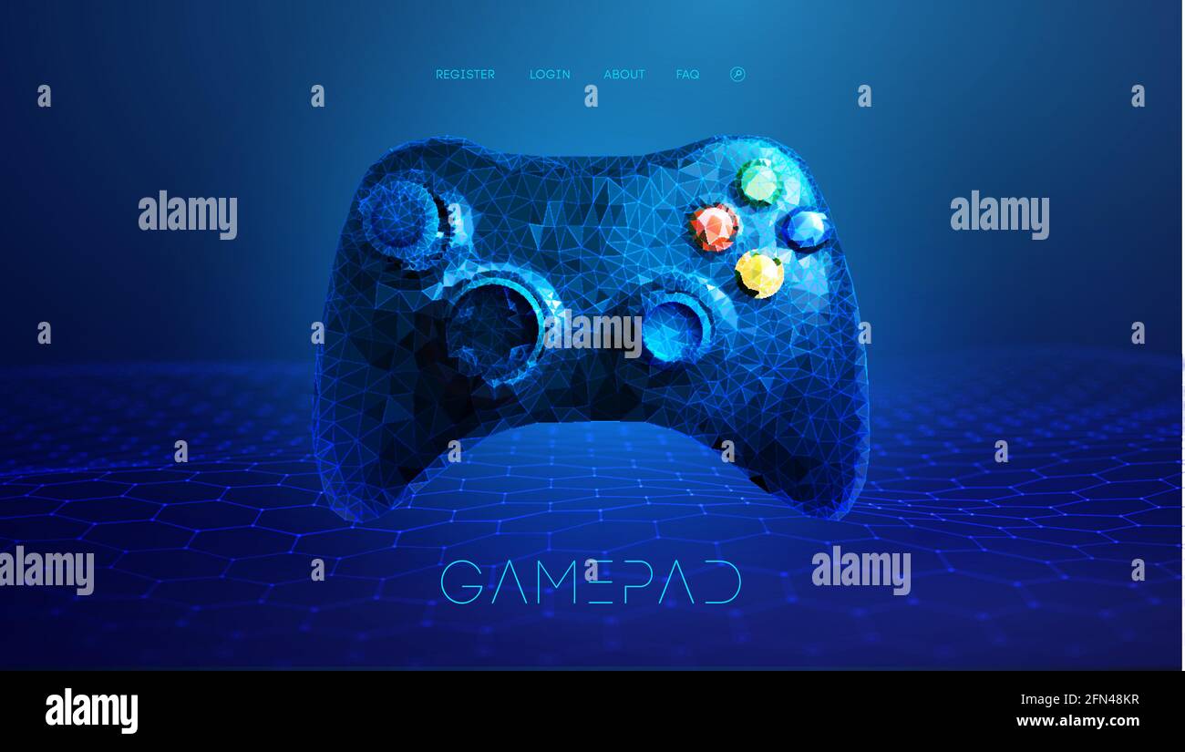 Low poly gamepad 3d abstract vector illustration. Polygon vector wireframe concept on blue background. Stock Vector
