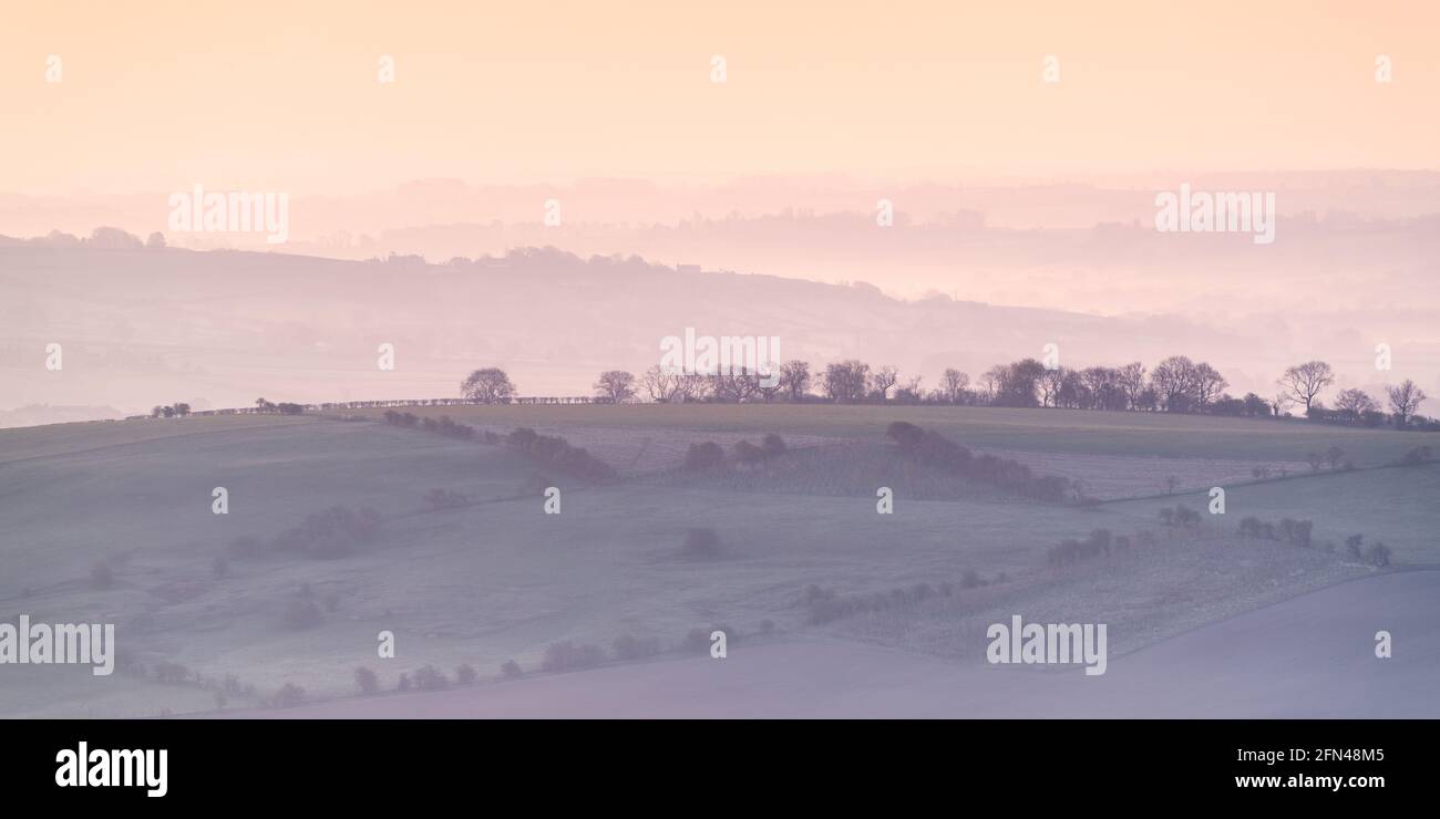 Misty layers of rolling countryside in the Lower Wharfe Valley take on pastel hues as the rising sun casts its light over the scene. Stock Photo