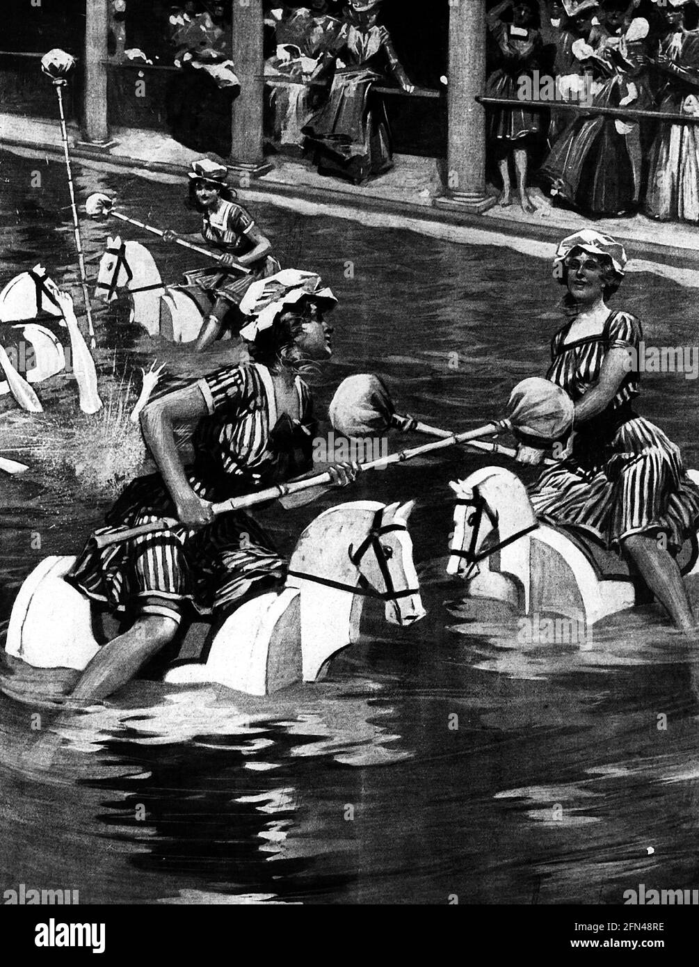 sports, water sports, water joust game in an open-air bath for women, 1908, ADDITIONAL-RIGHTS-CLEARANCE-INFO-NOT-AVAILABLE Stock Photo