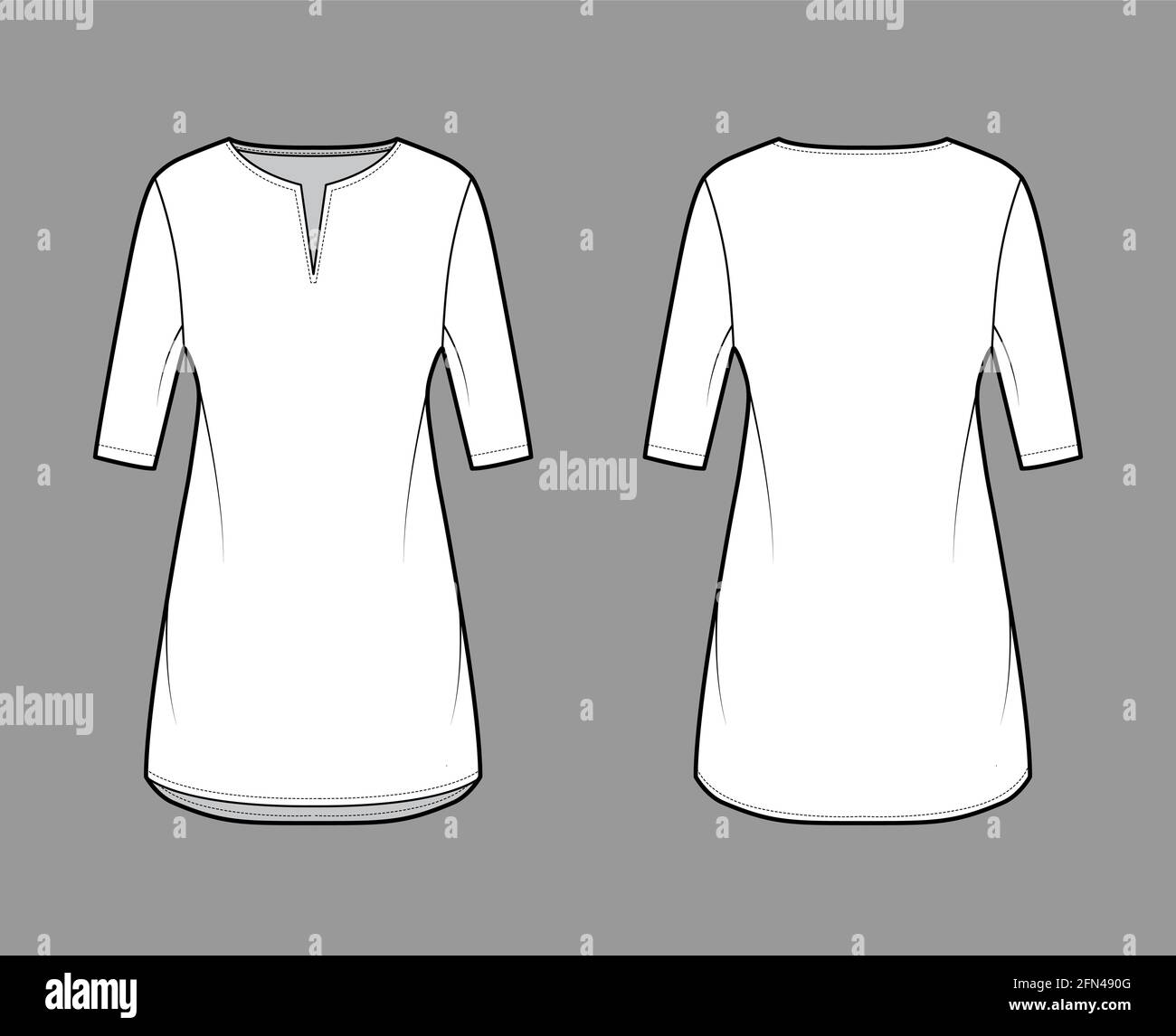 Dress tunic technical fashion illustration with elbow sleeves, oversized body, mini length skirt, slashed neck. Flat apparel front, back, white color style. Women, men unisex CAD mockup Stock Vector