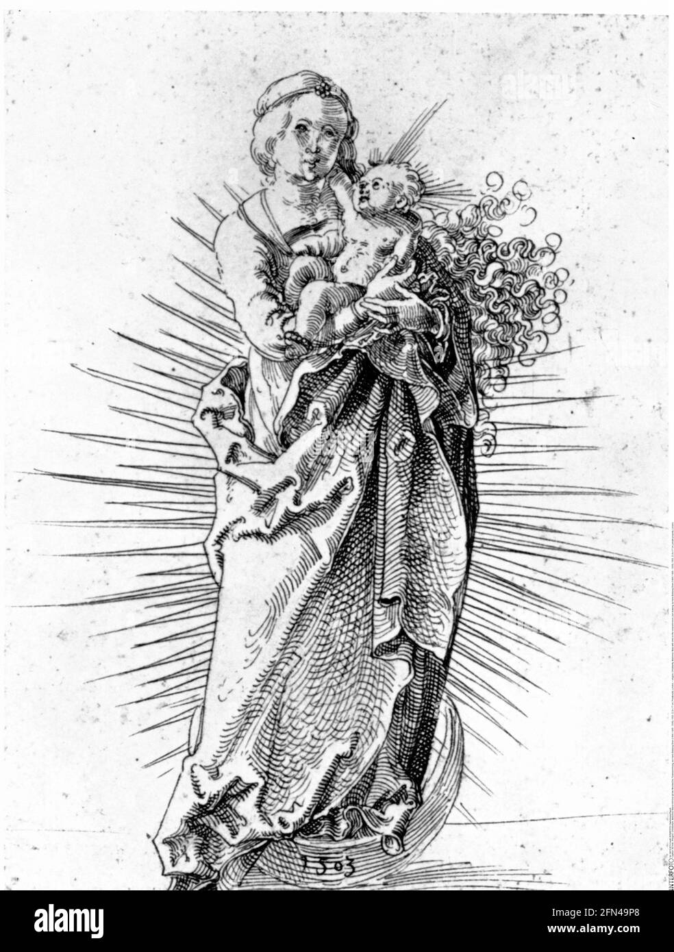 religion, Christianity, Madonna / Mary with child on the crescent moon, pen drawing, ADDITIONAL-RIGHTS-CLEARANCE-INFO-NOT-AVAILABLE Stock Photo