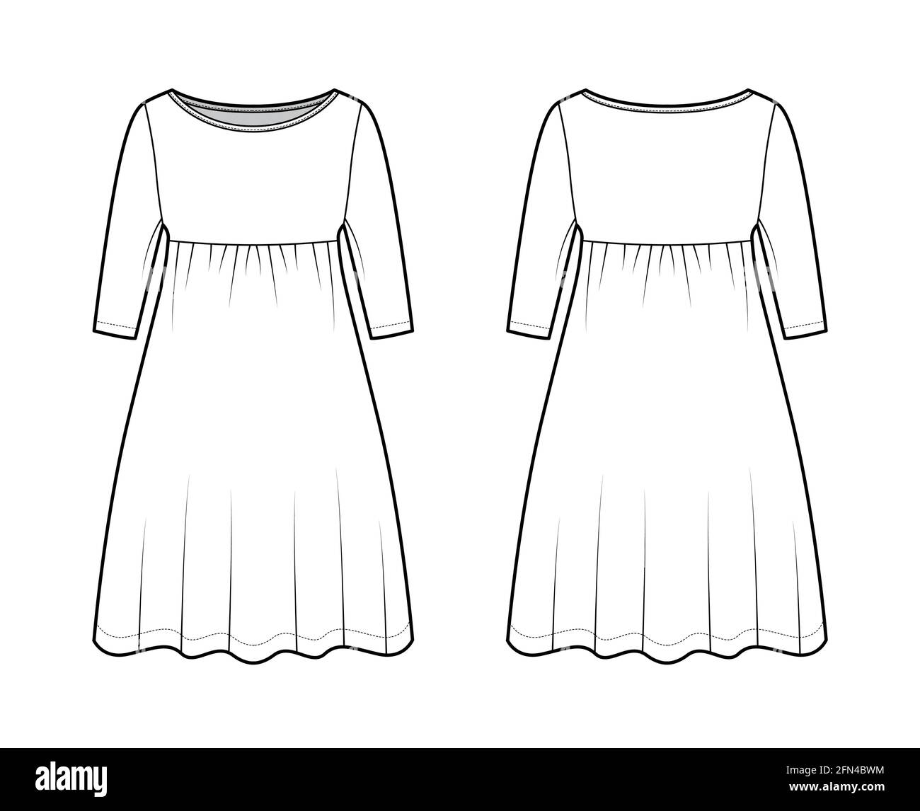Dress babydoll technical fashion illustration with elbow sleeves, oversized body, knee length A-line skirt, boat neck. Flat apparel front, back, white color style. Women, men unisex CAD mockup Stock Vector