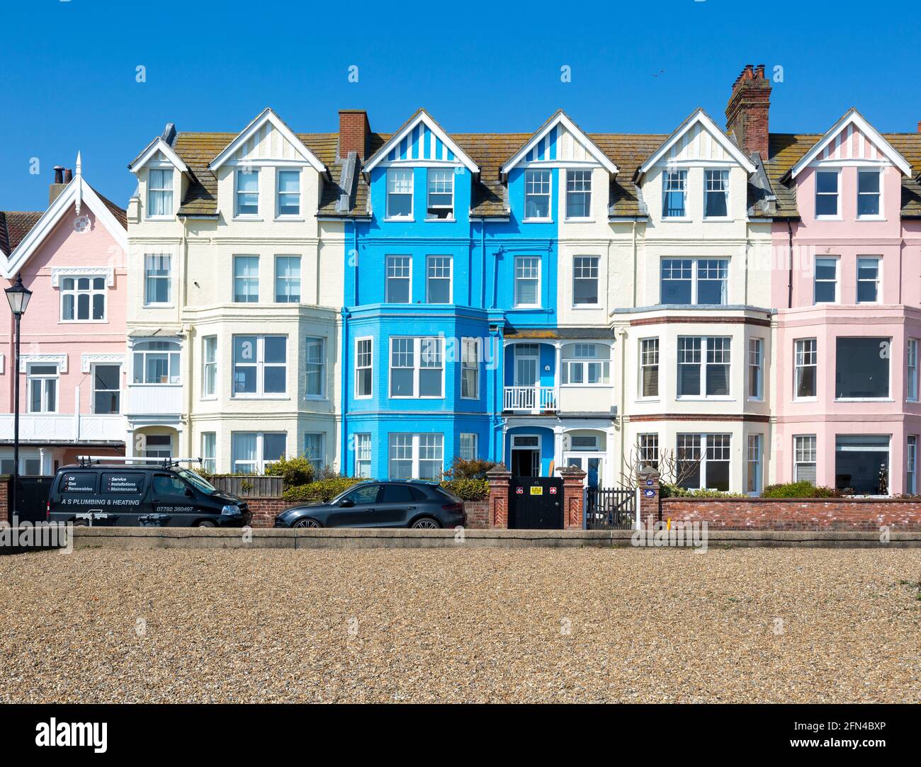 Historic colourful houses on the seafront, Aldeburgh, Suffolk, England