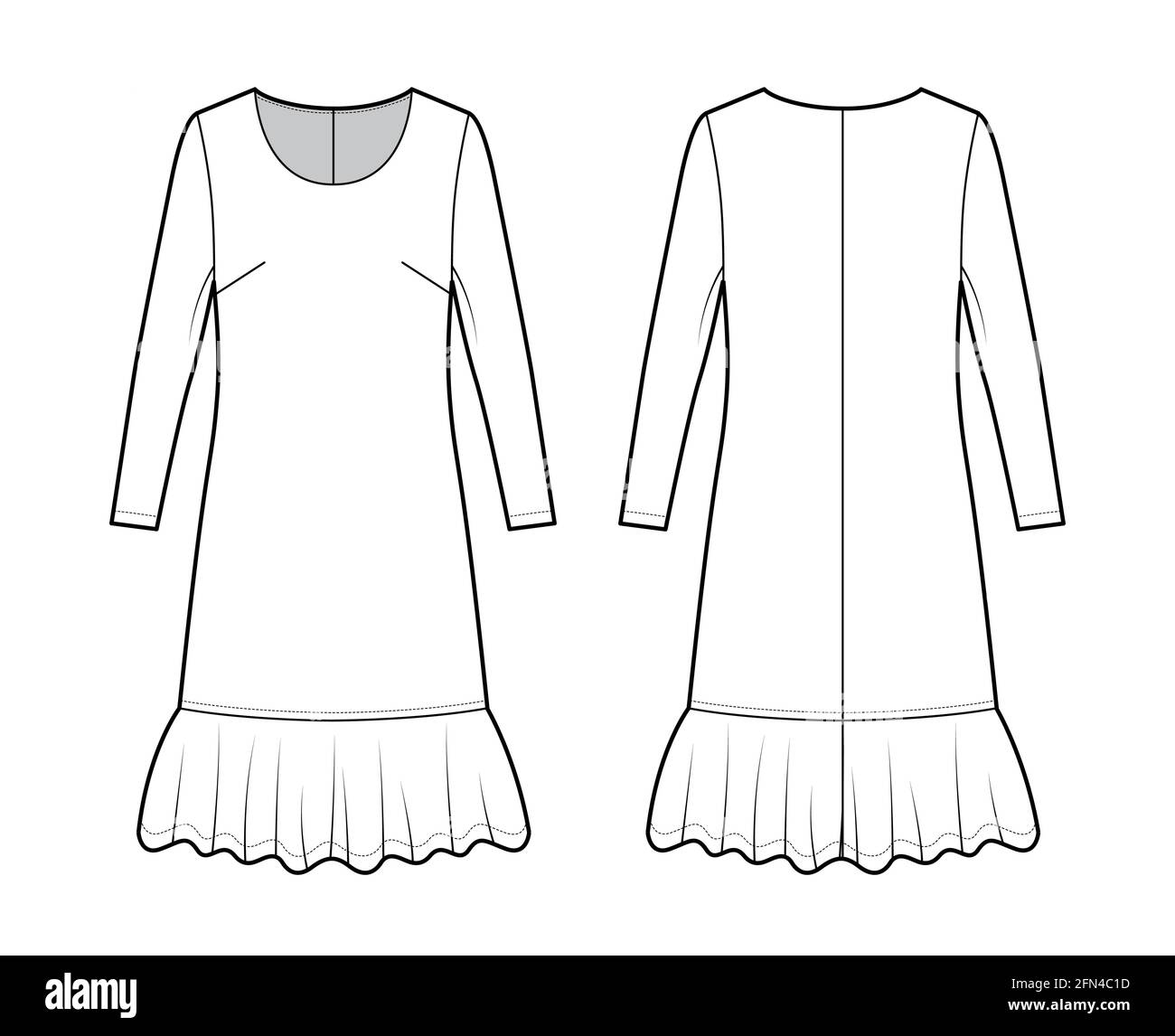 Dress dropped waist technical fashion illustration with long sleeves ...