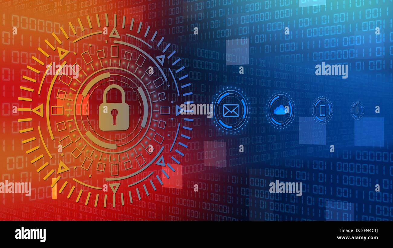 Abstract circle sci fi futuristic protection technology concept - closed padlock centered in hud - binary code fingerprint cloud mail Stock Photo