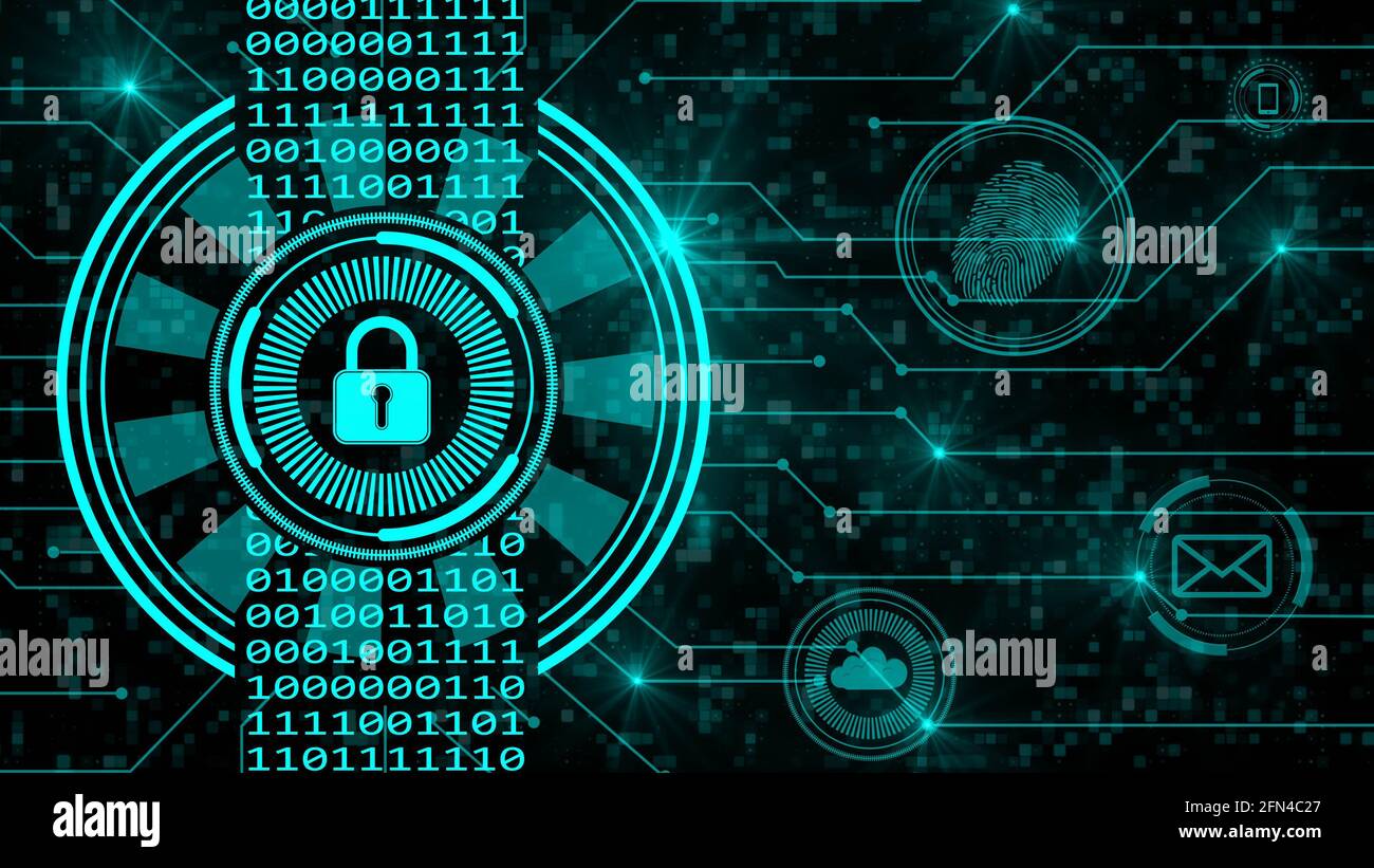 Secure technology concept - padlock binary code hud connecting lines fingerprint cloud mail - graphic elements in turquoise on dark background Stock Photo