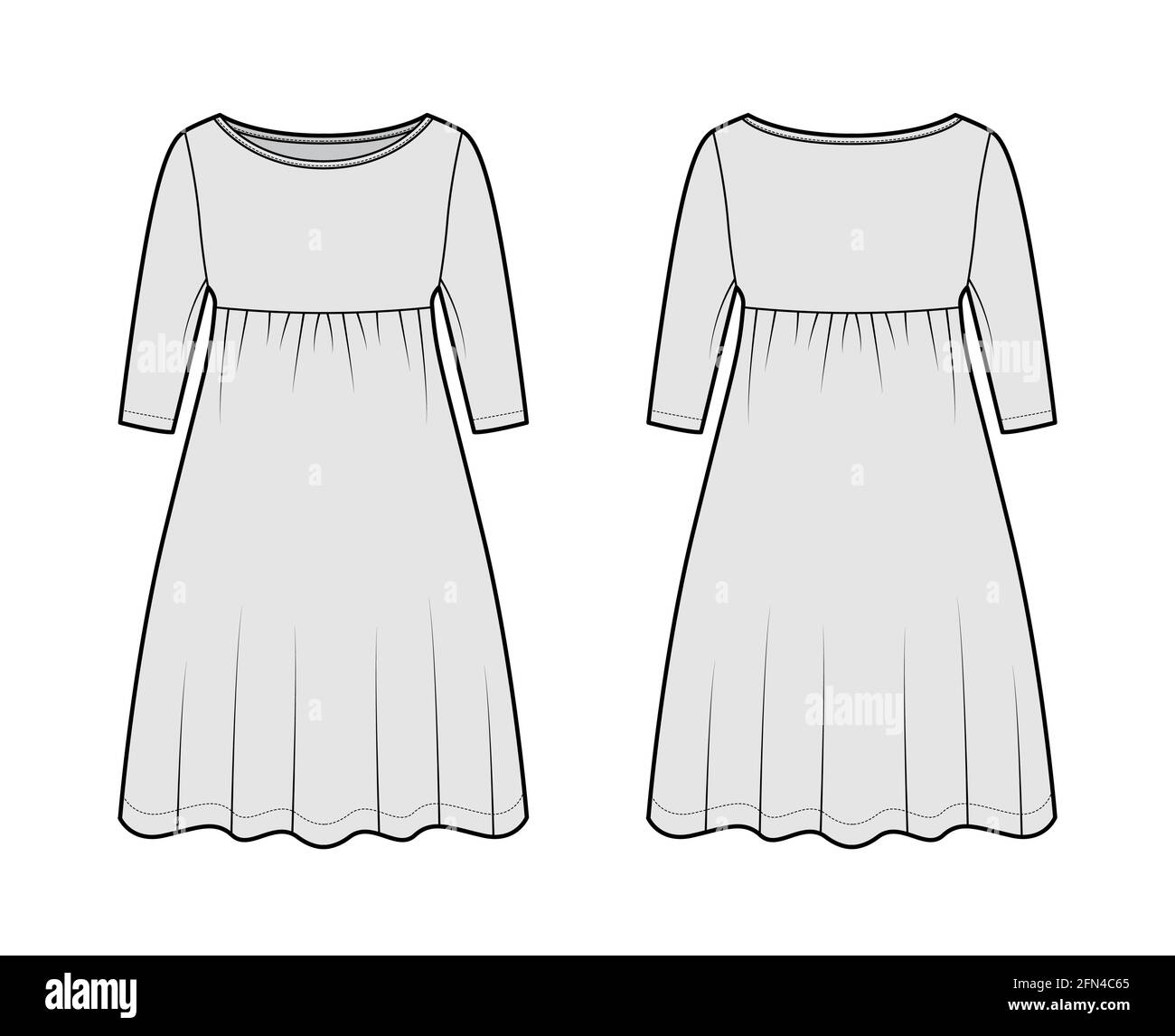 Dress babydoll technical fashion illustration with elbow sleeves, oversized body, knee length A-line skirt, boat neck. Flat apparel front, back, grey color style. Women, men unisex CAD mockup Stock Vector