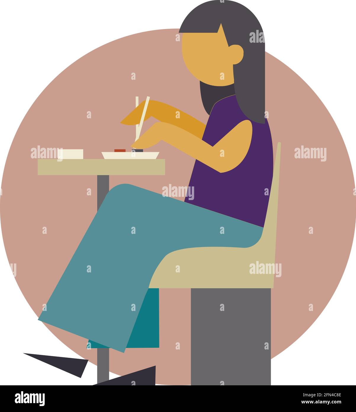 Young Woman Eating Delicious Asian Food, Cheerful Girl Sitting at Table Eating Sushi Cartoon Vector Illustration for Cafe or Restaurant Stock Vector