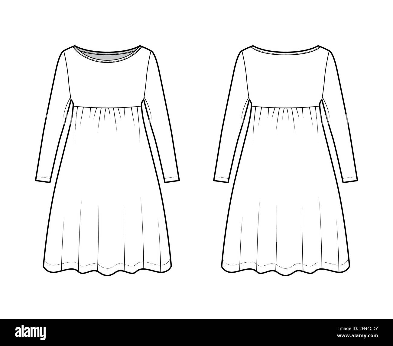 Dress babydoll technical fashion illustration with long sleeves, oversized body, knee length A-line skirt, boat neck. Flat apparel front, back, white color style. Women, men unisex CAD mockup Stock Vector