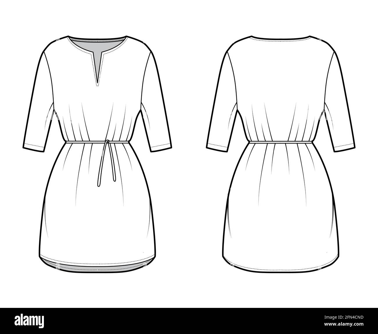 Dress tunic technical fashion illustration with tie, elbow sleeves, oversized body, mini length skirt, slashed neck. Flat apparel front, back, white color style. Women, men CAD mockup Stock Vector