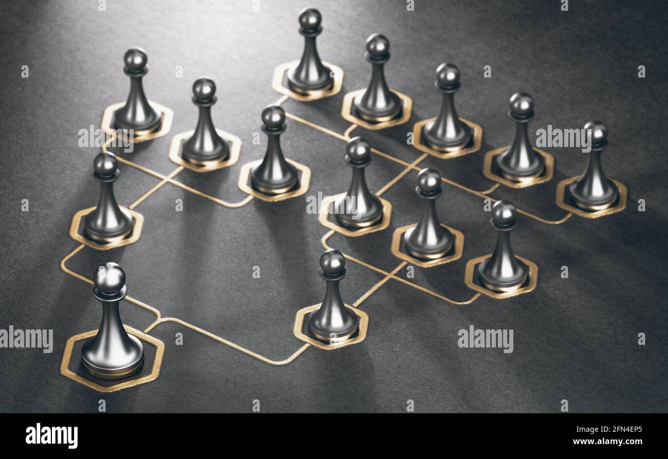 3D illustration of many pawns and golden organizational sheme over black background. Company hierarchy concept. Stock Photo