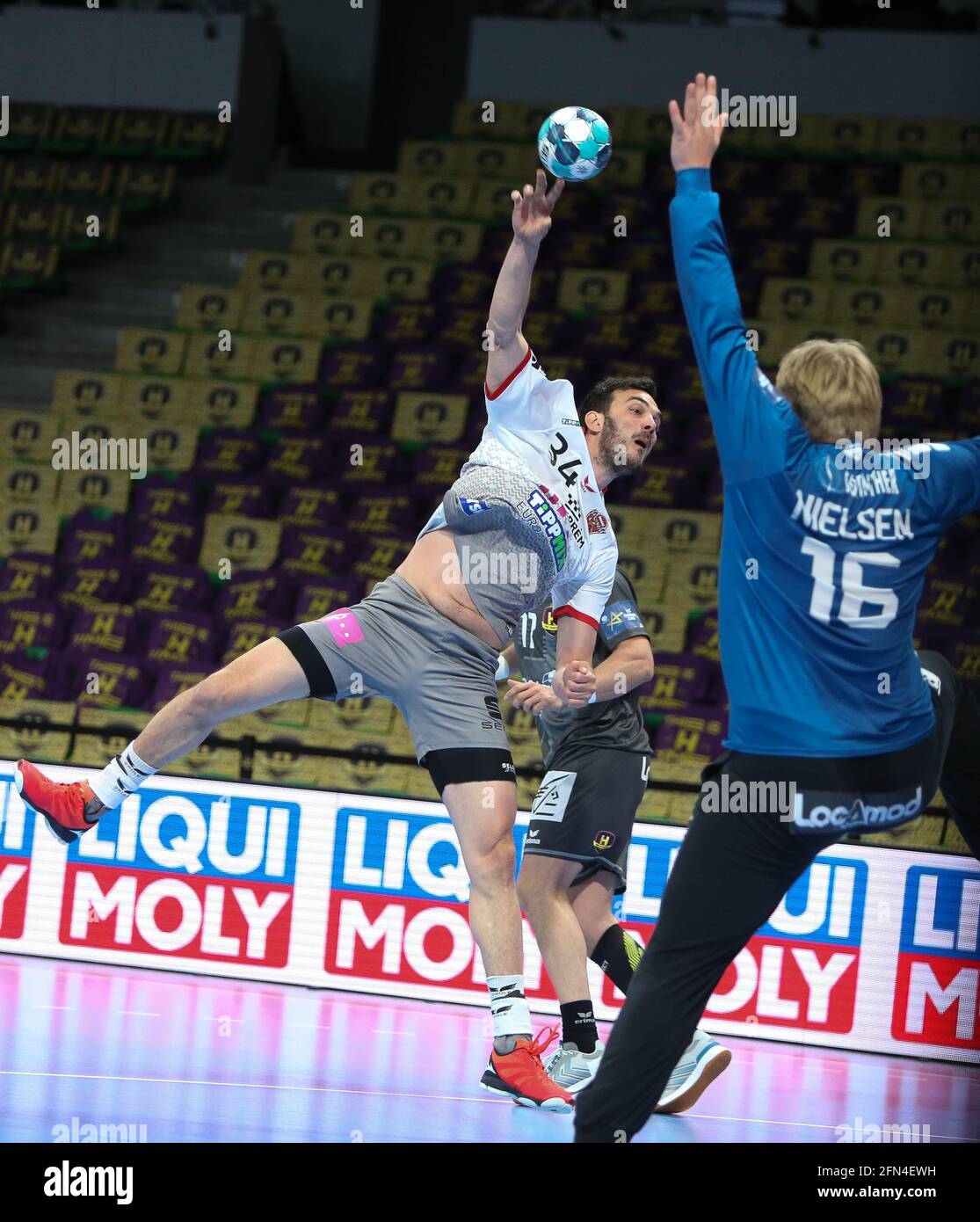 Petar Nenadic of Veszprem and Emil NIELSEN of HBC Nantes during the EHF Champions League, quarter-final handball match between HBC Nantes and Telekom Veszprem HC on May 13, 2021 at the H Arena in Nantes, France - Photo Laurent Lairys / DPPI Stock Photo