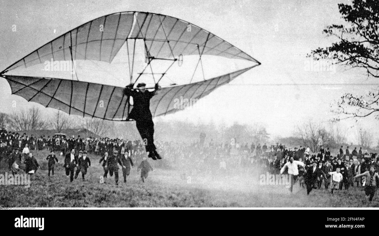 transport / transportation, aviation, gliding, flight with a glider, England, circa 1895, ADDITIONAL-RIGHTS-CLEARANCE-INFO-NOT-AVAILABLE Stock Photo