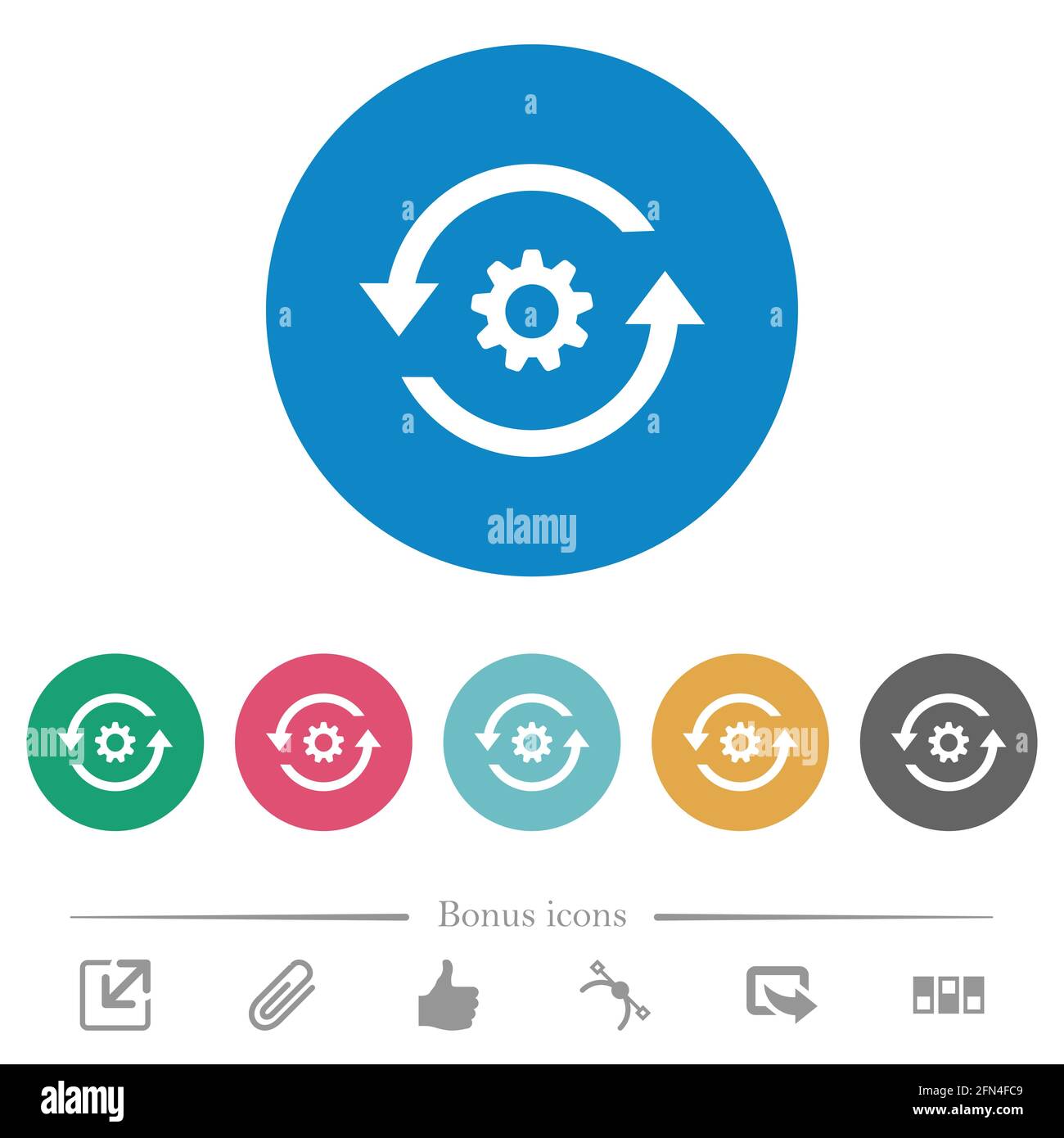 Refresh settings flat white icons on round color backgrounds. 6 bonus ...