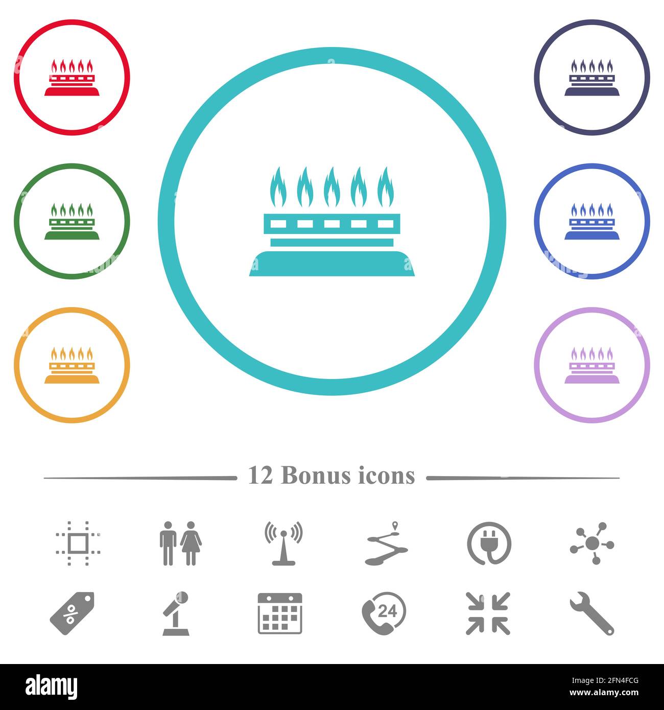 Kitchen gas stove flat color icons in circle shape outlines. 12 bonus ...