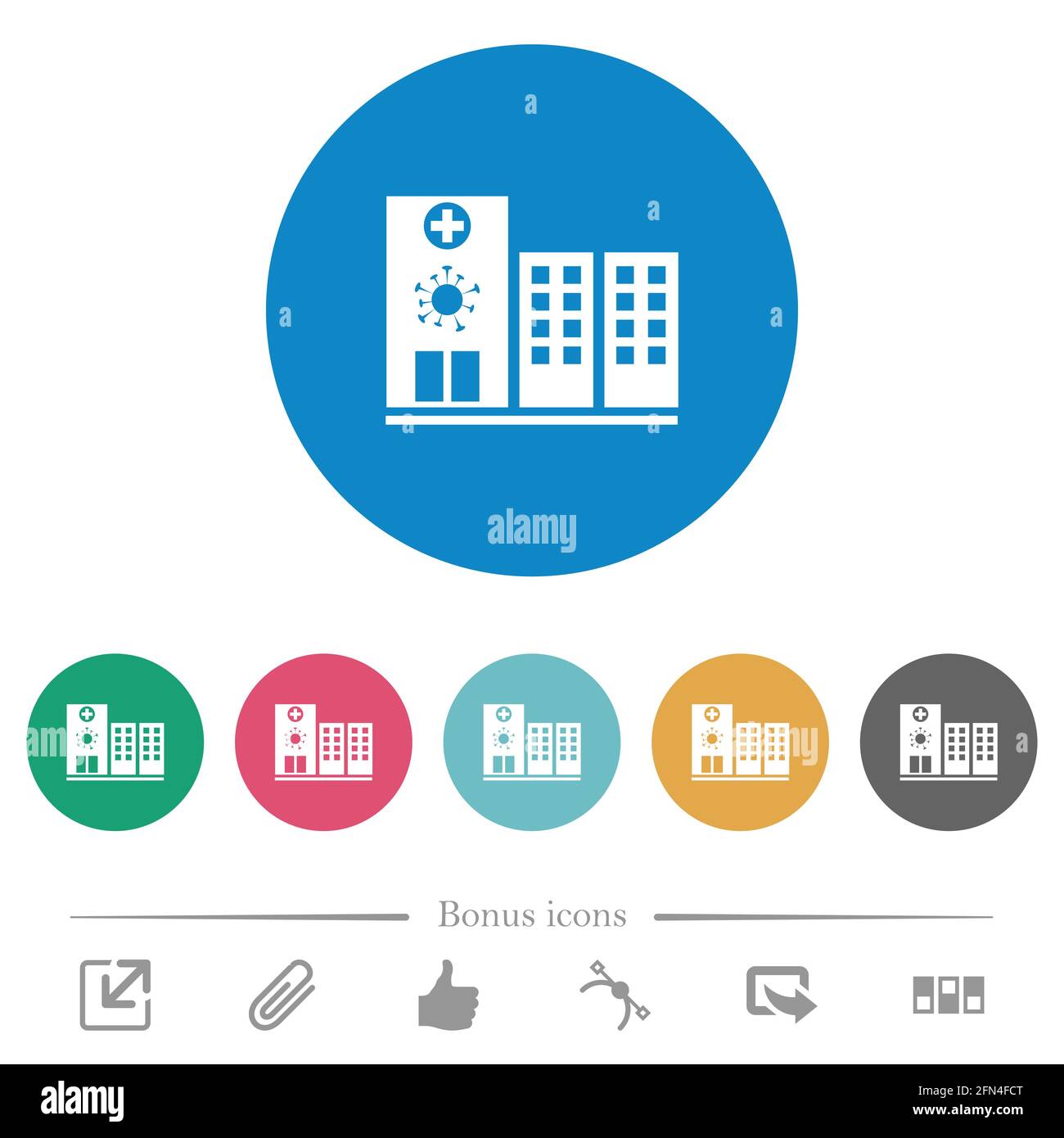 Covid Hospital flat white icons on round color backgrounds. 6 bonus ...