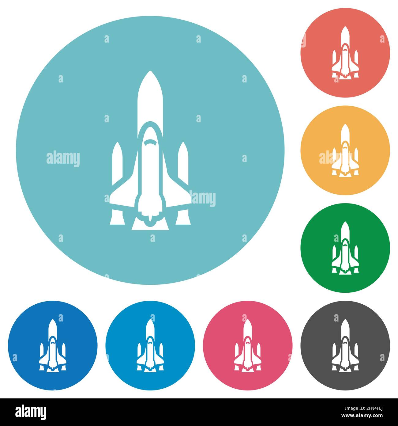 Space shuttle with launchers flat white icons on round color ...